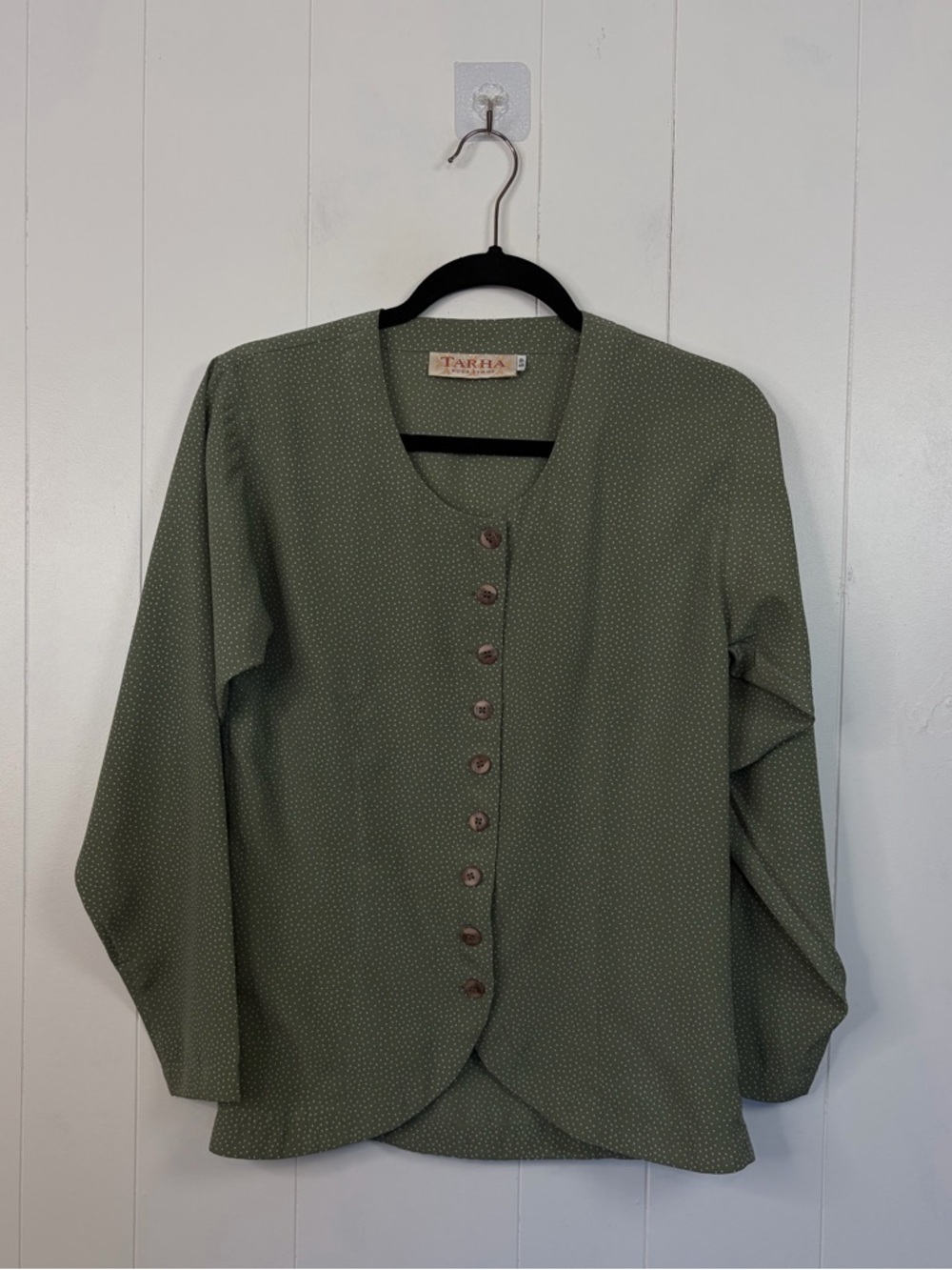 Vintage 90s Olive Green Polka Dot Blouse Office Minimalist Button Top size Small - Picture 4 of 13